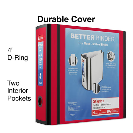 Staples 4" 3-Ring Better Binder, D-Ring, Red