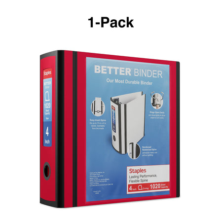 Staples 4" 3-Ring Better Binder, D-Ring, Red