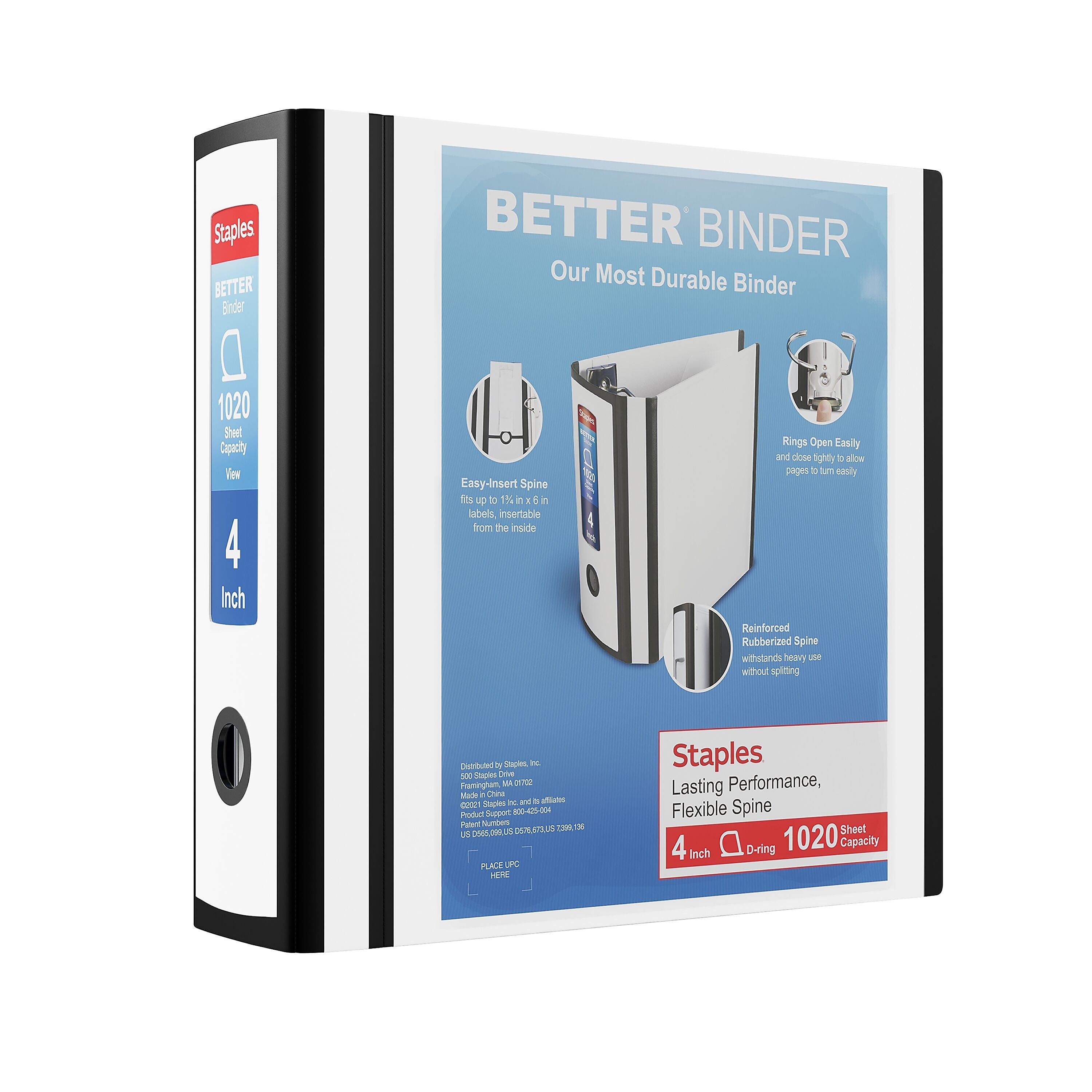 Staples 4" 3-Ring Better Binder, D-Ring, White