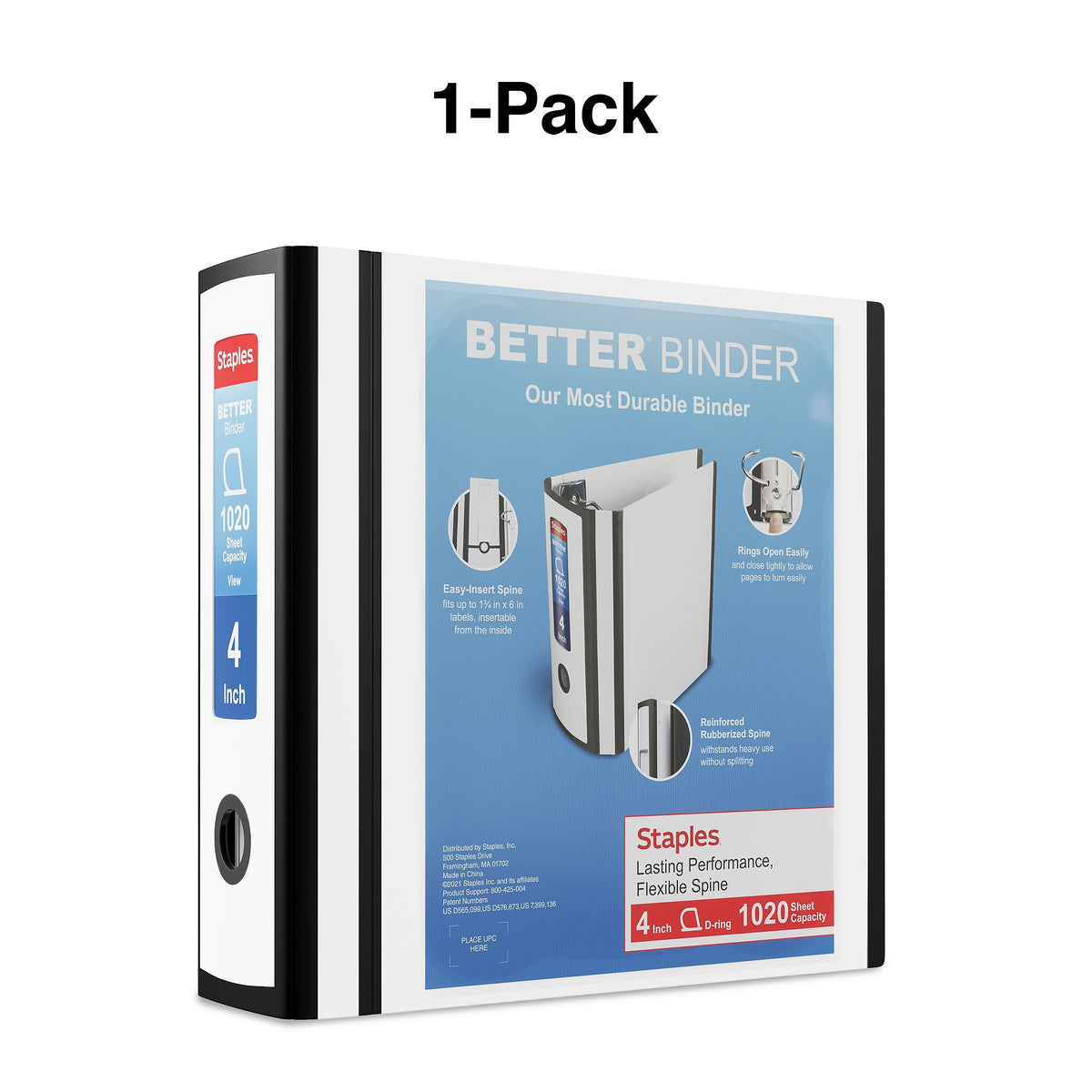 Staples 4" 3-Ring Better Binder, D-Ring, White