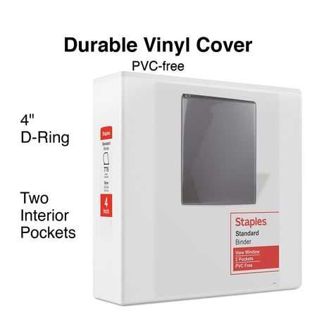 Staples 4" 3-Ring View Binders, D-Ring, White, 6/Pack