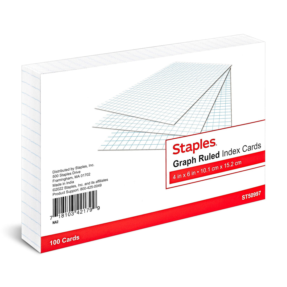 Staples™ 4" x 6" Index Card, Graph Ruled, White, 100/Pack