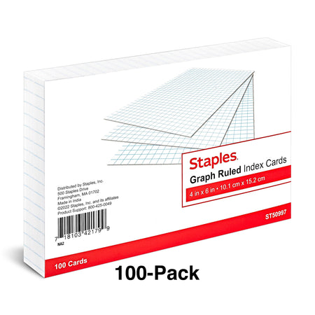 Staples™ 4" x 6" Index Card, Graph Ruled, White, 100/Pack