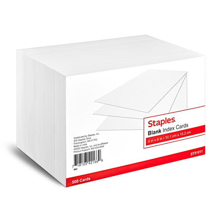 Staples 4" x 6" Index Cards, Blank, White, 500/Pack