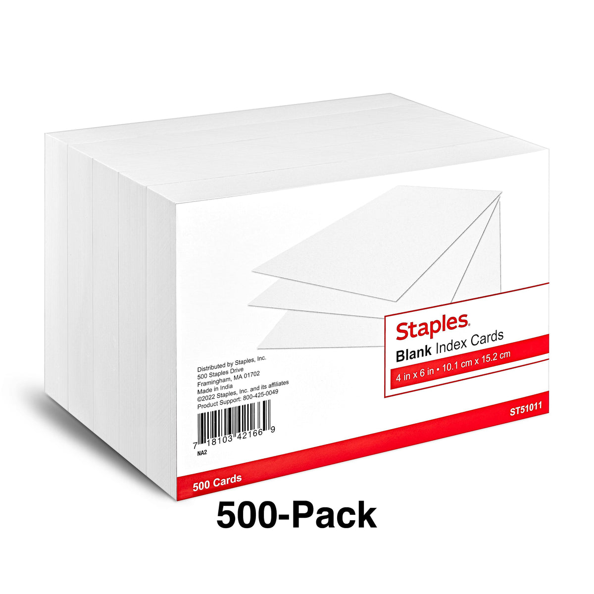 Staples 4" x 6" Index Cards, Blank, White, 500/Pack