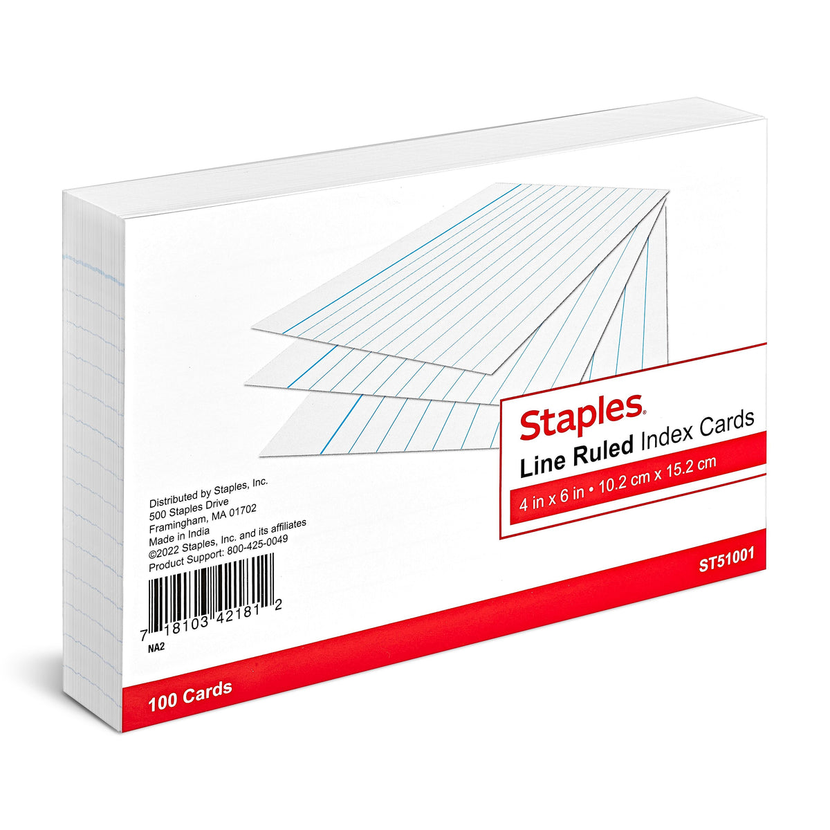 Staples 4" x 6" Index Cards, Lined, White, 100/Pack