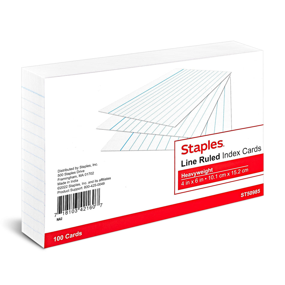 Staples™ 4" x 6" Index Cards, Lined, White, 100/Pack