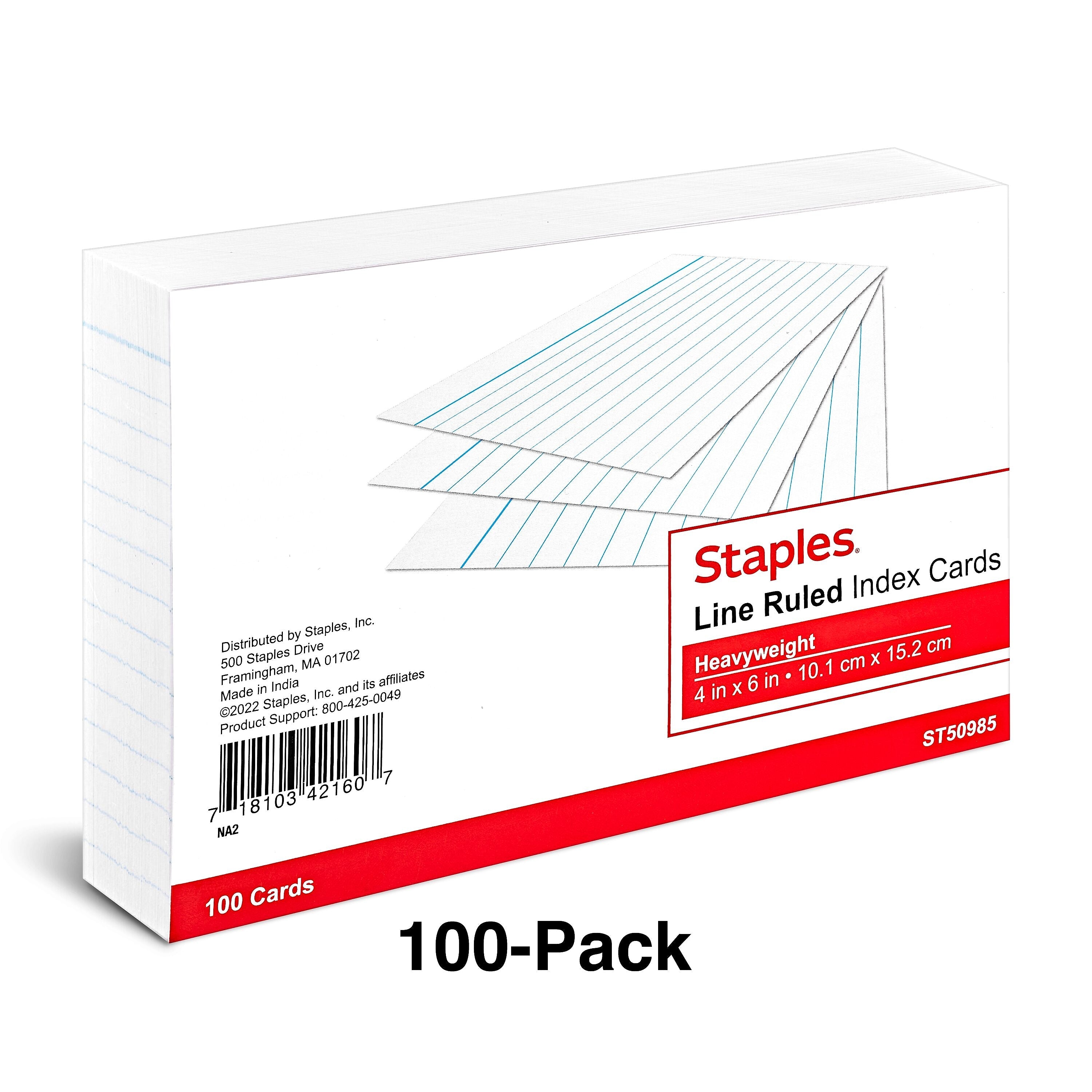 Staples™ 4" x 6" Index Cards, Lined, White, 100/Pack