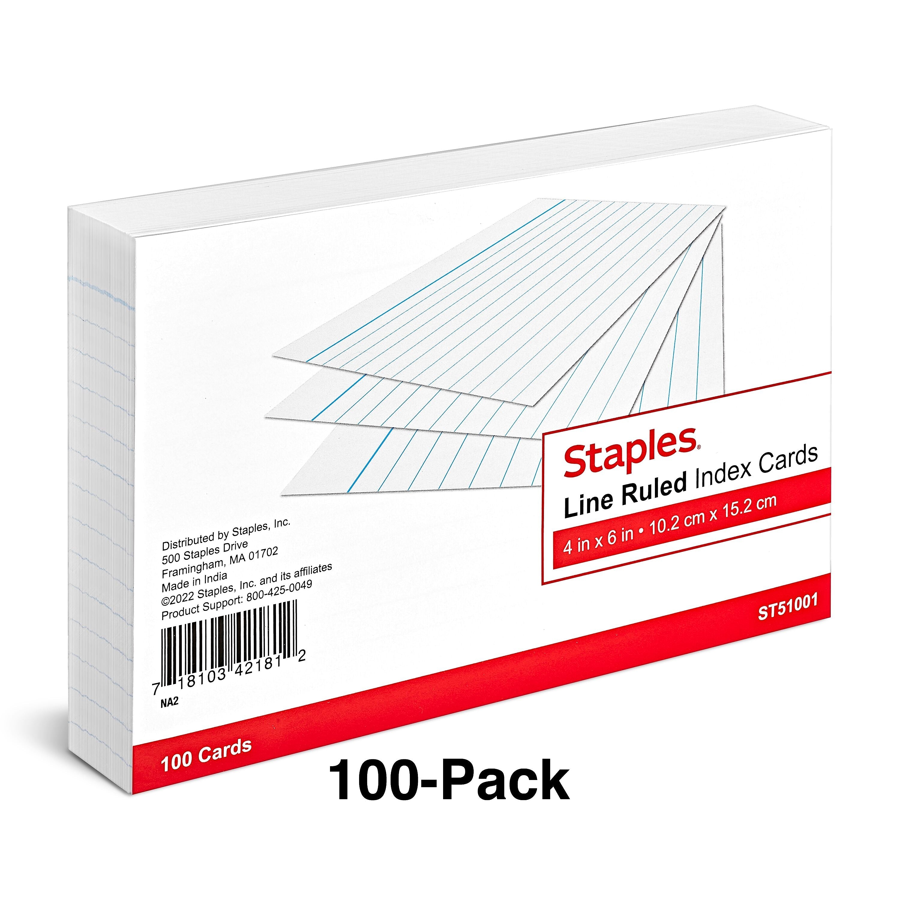 Staples 4" x 6" Index Cards, Lined, White, 100/Pack