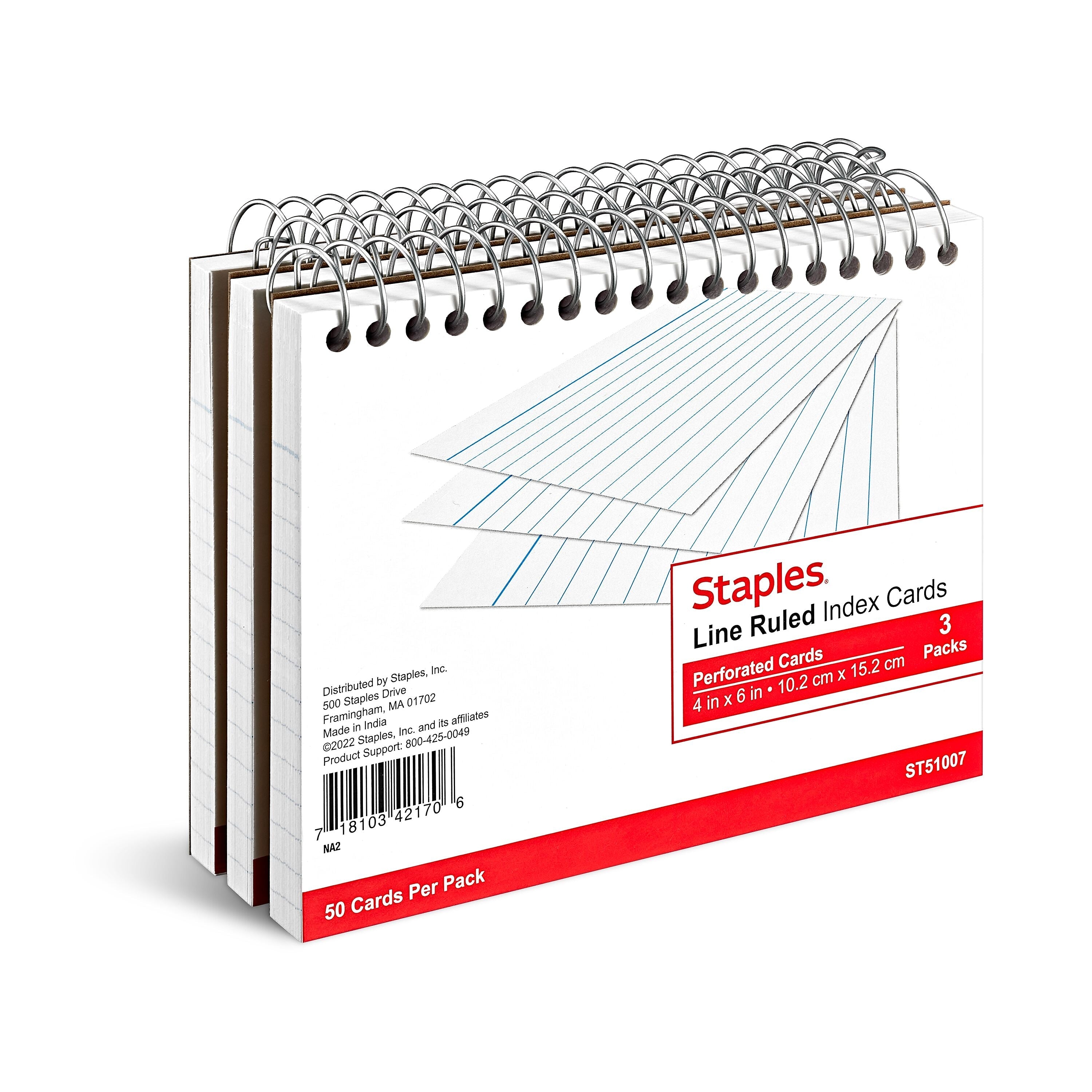 Staples™ 4" x 6" Index Cards, Lined, White, 50 Cards/Pack, 3 Pack/Carton