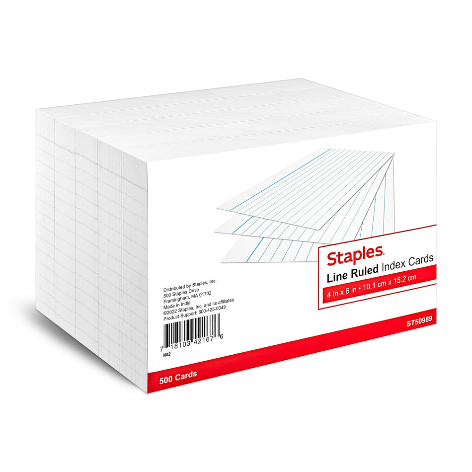 Staples 4" x 6" Index Cards, Lined, White, 500/Pack