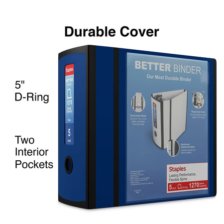 Staples 5" 3-Ring Better Binder, D-Ring, Navy Blue