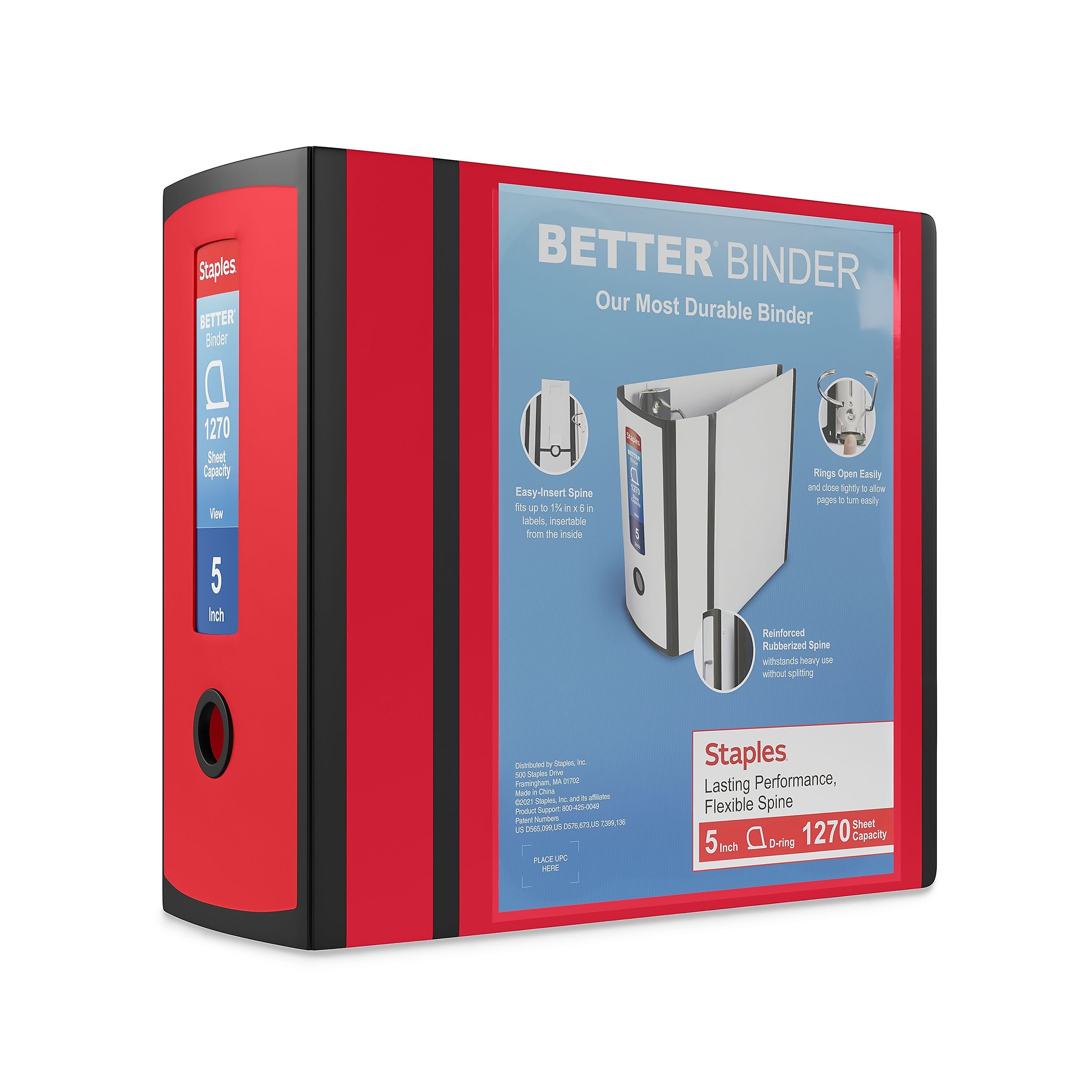 Staples 5" 3-Ring Better Binder, D-Ring, Red