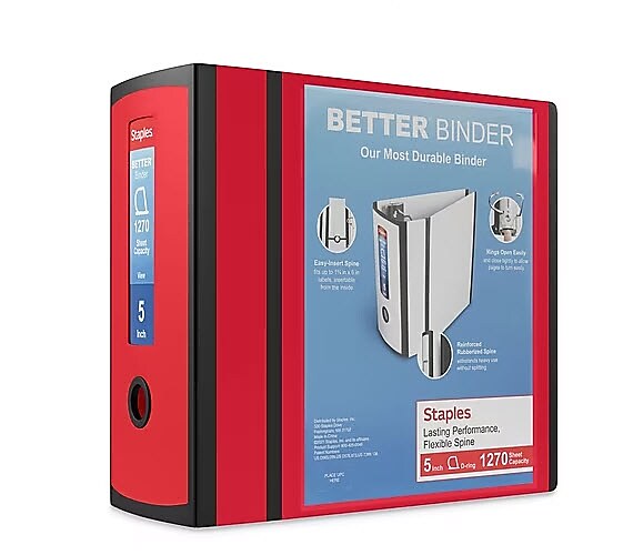 Staples 5" 3-Ring Better Binder, D-Ring, Red