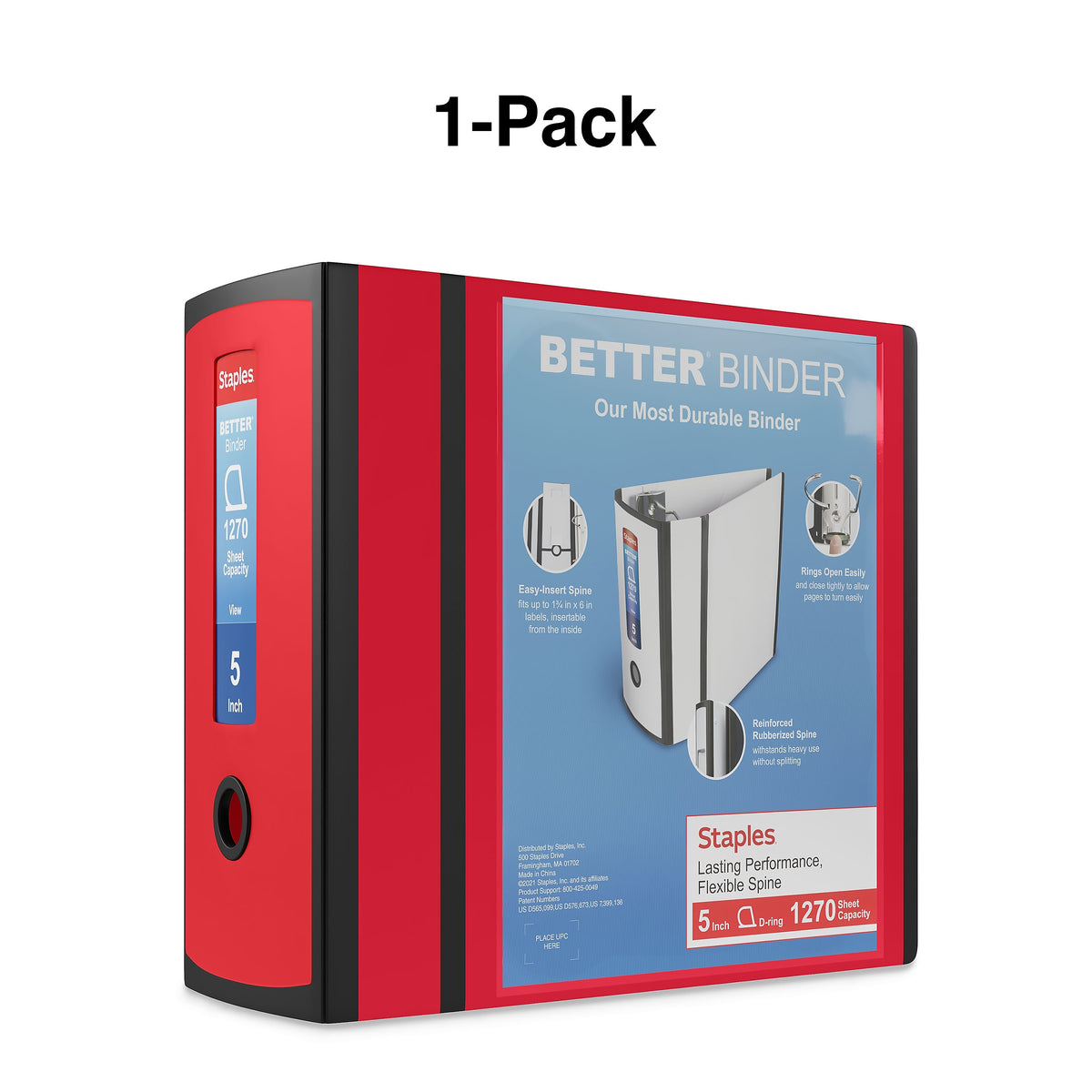 Staples 5" 3-Ring Better Binder, D-Ring, Red