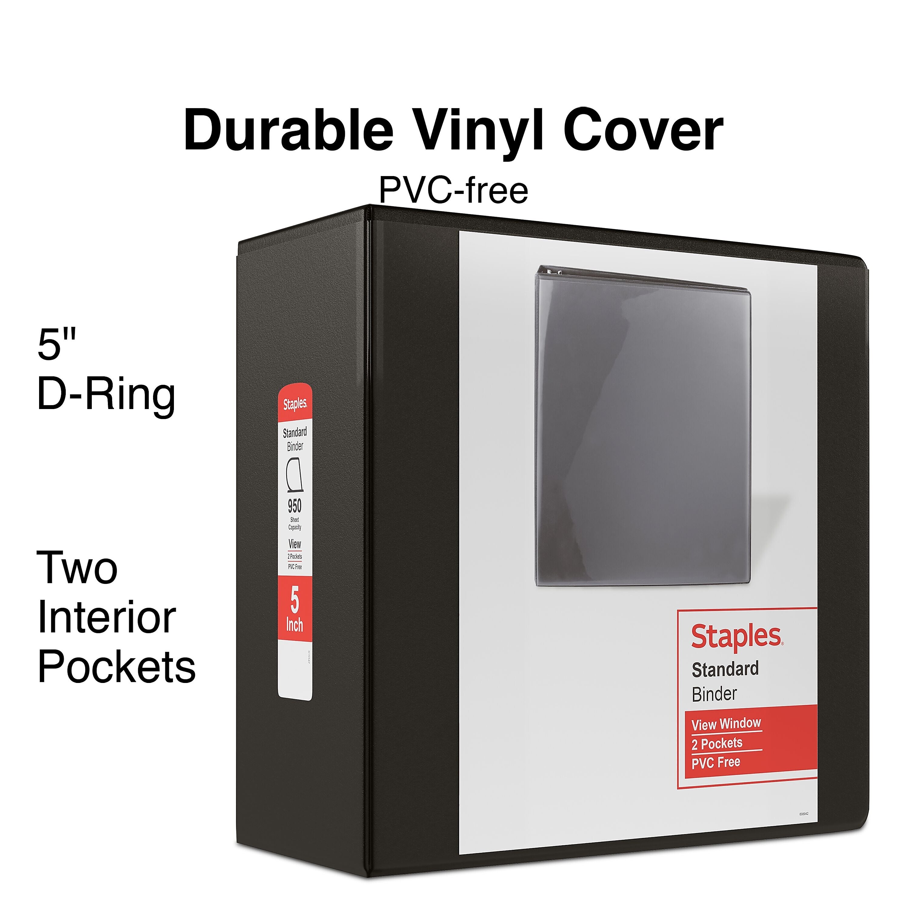 Staples 5" 3-Ring View Binder, D-Ring, Black