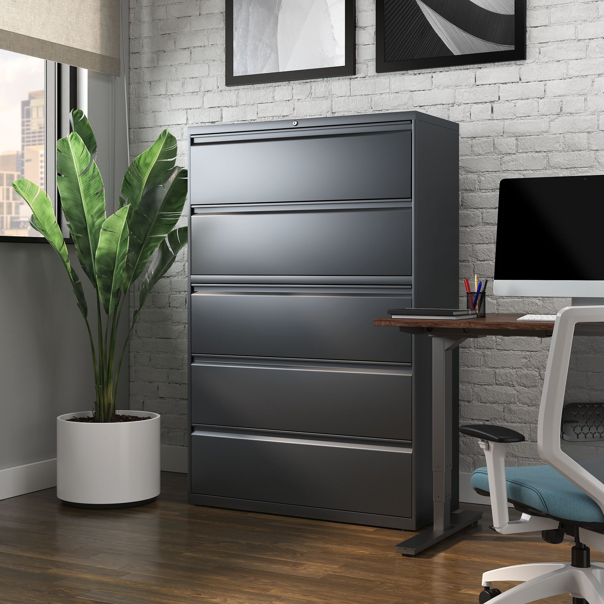 Staples 5-Drawer Lateral File Cabinet, Locking, Letter/Legal, Charcoal, 42