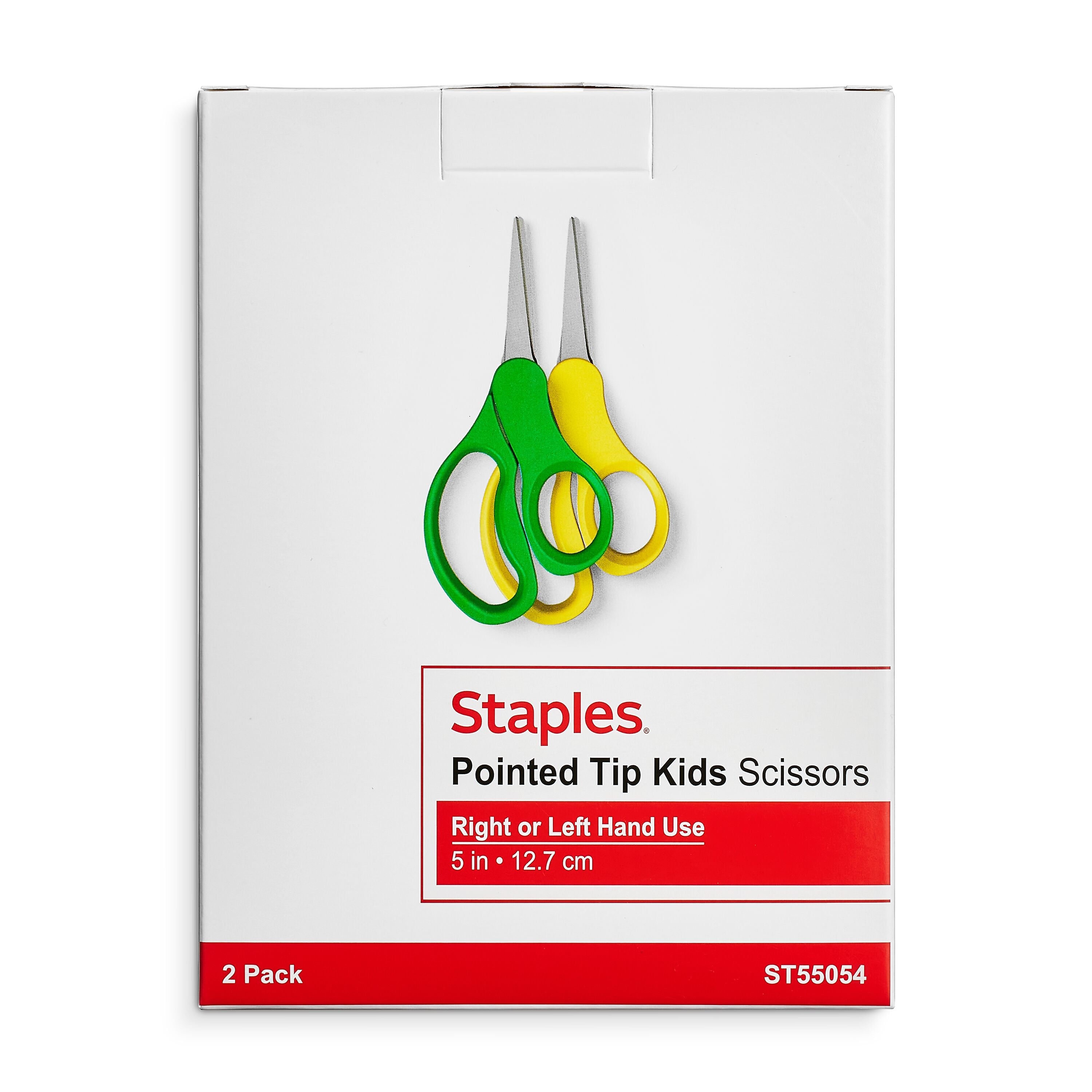 Staples 5" Kids Pointed Tip Stainless Steel Scissors, Straight Handle, Right & Left Handed, 2/Pack