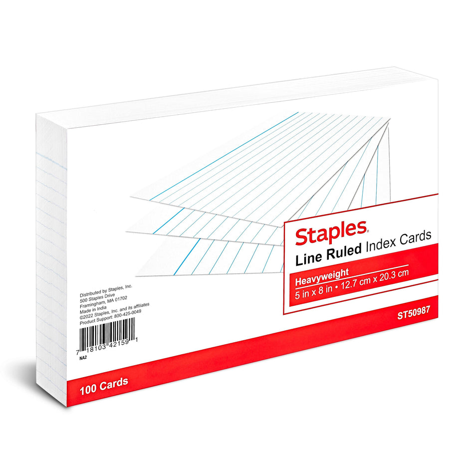 Staples™ 5" x 8" Index Cards, Lined, White, 100/Pack