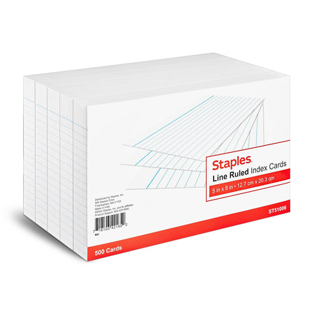 Staples 5" x 8" Index Cards, Lined, White, 500/Pack