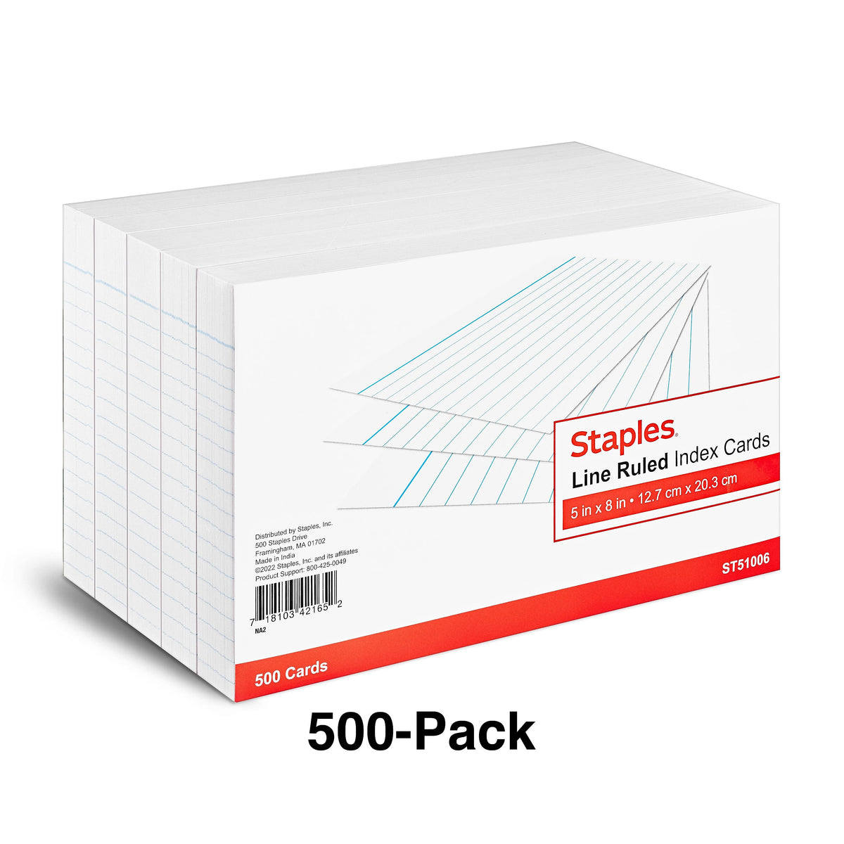 Staples 5" x 8" Index Cards, Lined, White, 500/Pack