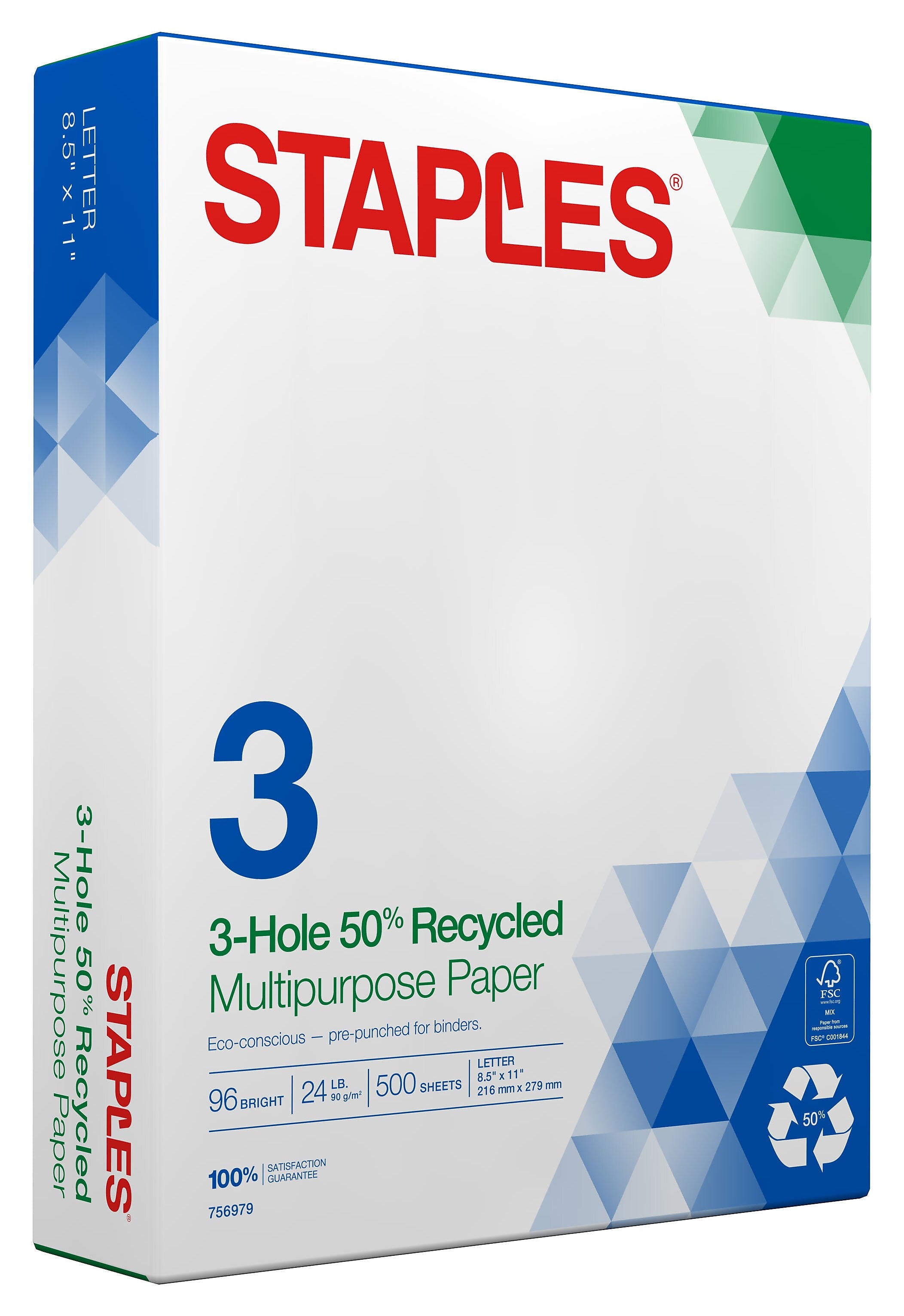 Staples 50% Recycled 8.5" x 11" 3-Hole Punch Multipurpose Paper, 24 lbs., 96 Brightness, 500/Ream