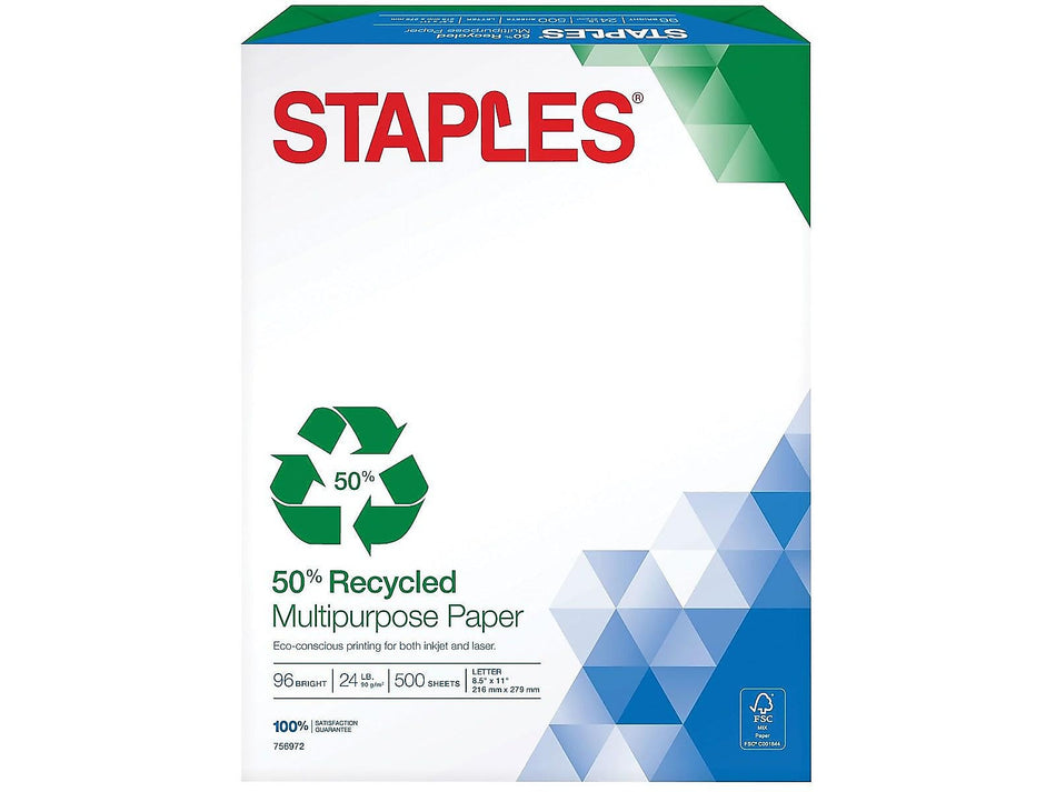 Staples 50% Recycled 8.5" x 11" Multipurpose Paper, 24 lbs., 96 Brightness, 500/Ream