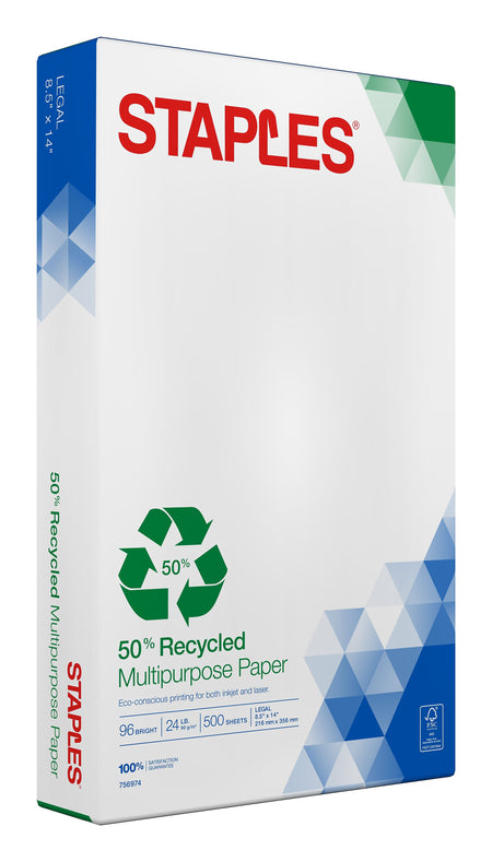 Staples 50% Recycled 8.5" x 14" Multipurpose Paper, 24 lbs., 96 Brightness, 500/Ream