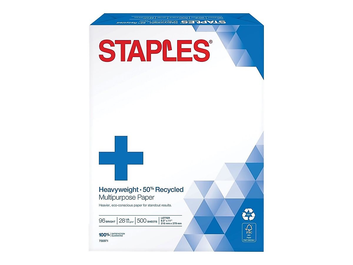 Staples 50% Recycled Heavyweight 8.5" x 11" Multipurpose Paper, 28 lbs., 96 Brightness, 500/Ream