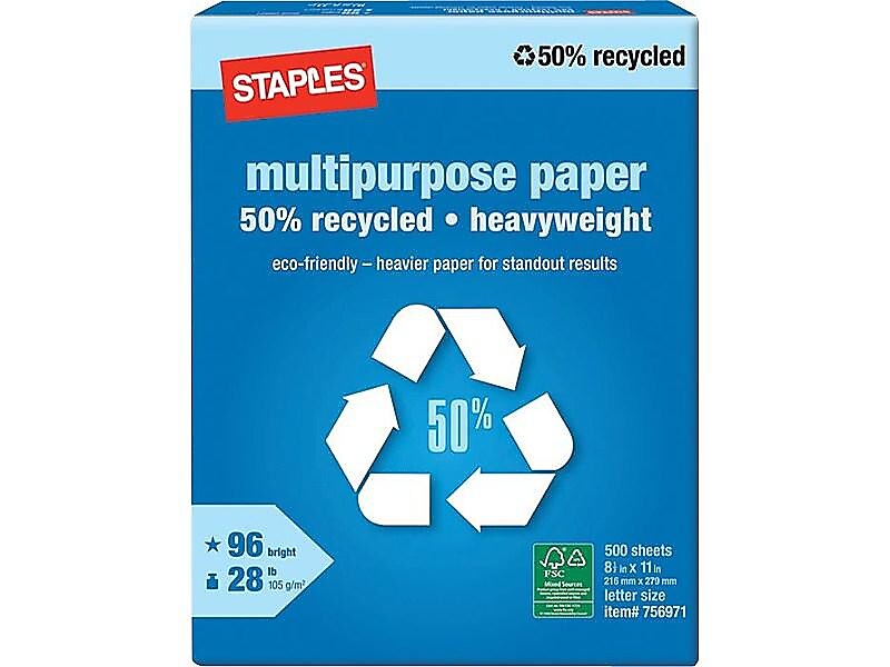 Staples 50% Recycled Heavyweight 8.5" x 11" Multipurpose Paper, 28 lbs., 96 Brightness, 500/Ream