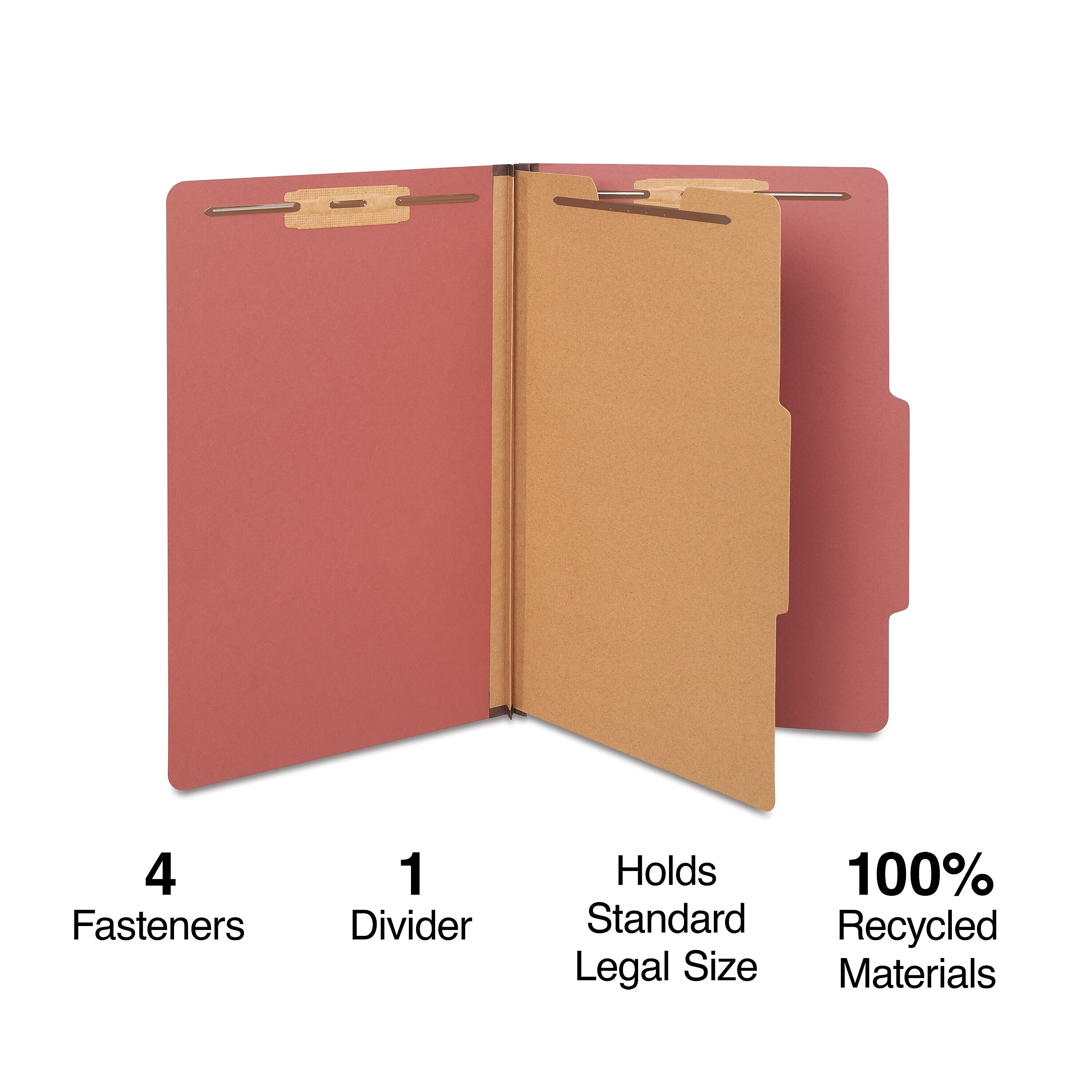 Staples 60% Recycled Pressboard Classification Folder, 1-Divider, 1.75" Expansion, Legal Size, Brick Red, 20/Box