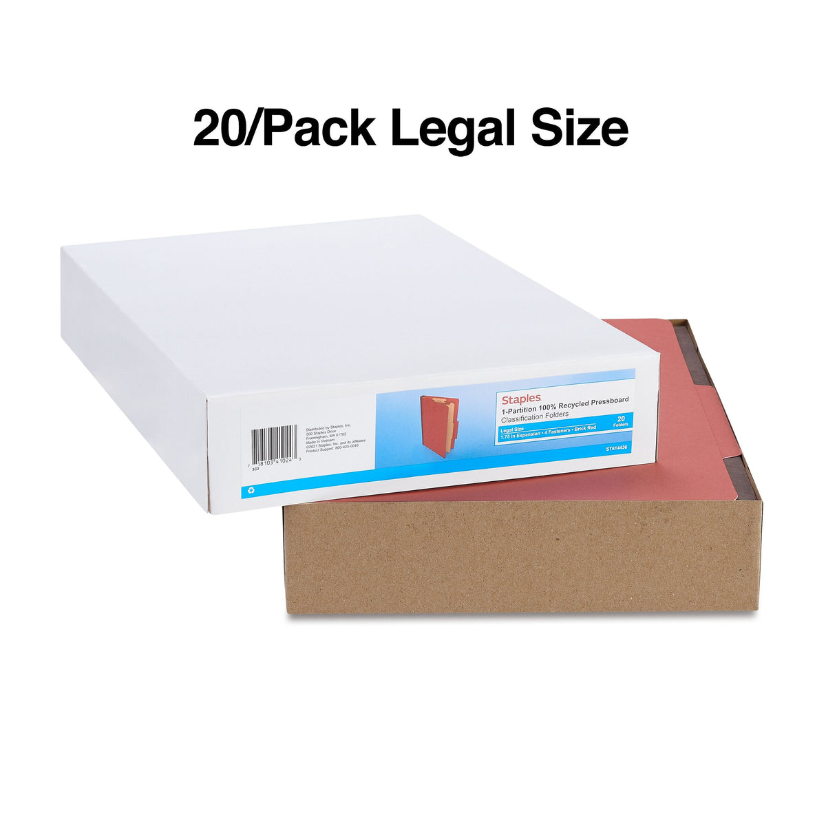 Staples 60% Recycled Pressboard Classification Folder, 1-Divider, 1.75" Expansion, Legal Size, Brick Red, 20/Box