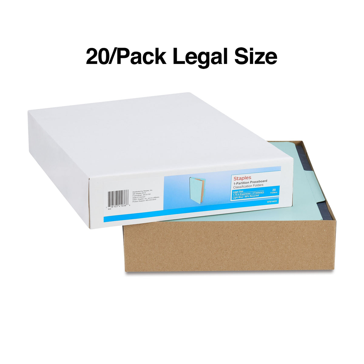 Staples 60% Recycled Pressboard Classification Folder, 1-Divider, 1.75" Expansion, Legal Size, Light Blue, 20/Box