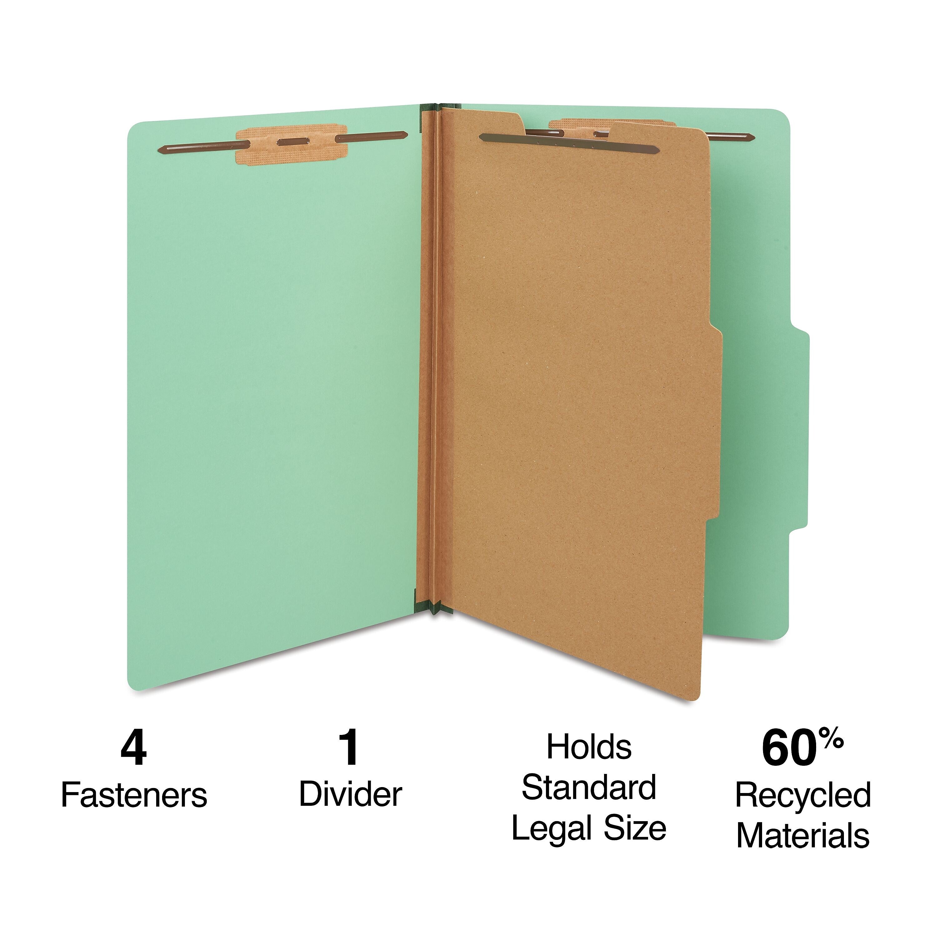 Staples 60% Recycled Pressboard Classification Folder, 1-Divider, 1.75" Expansion, Legal Size, Light Green, 20/Box