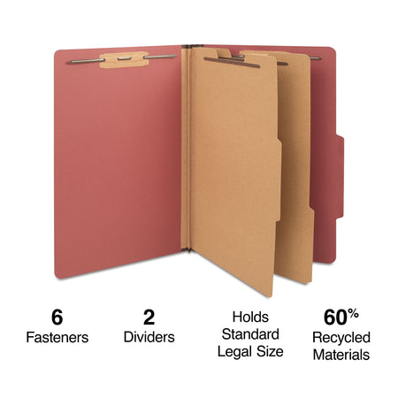 Staples 60% Recycled Pressboard Classification Folder, 2-Dividers, 2.5" Expansion, Legal Size, Brick Red, 20/Box