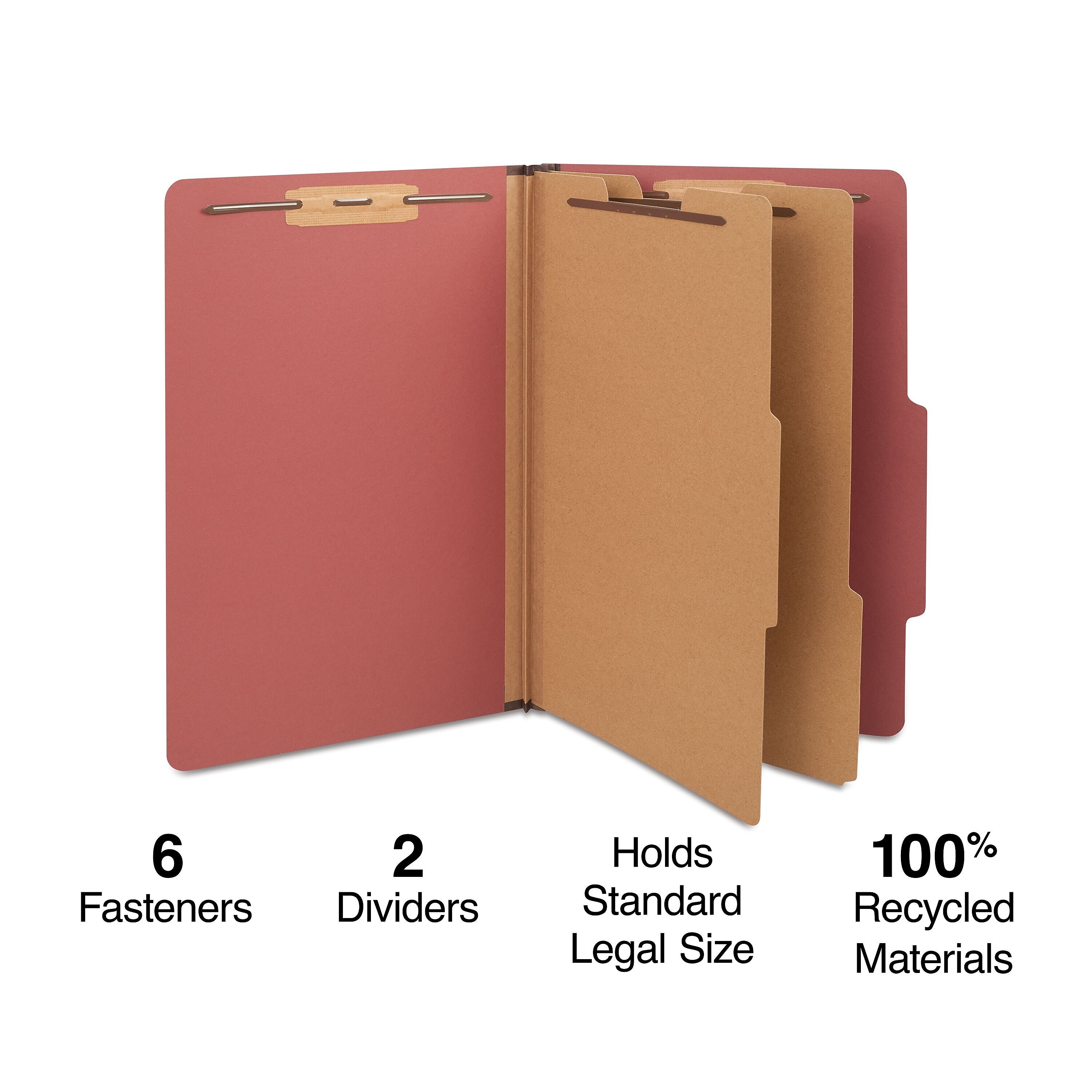 Staples 60% Recycled Pressboard Classification Folder, 2-Dividers, 2.5" Expansion, Legal Size, Red, 10/Box