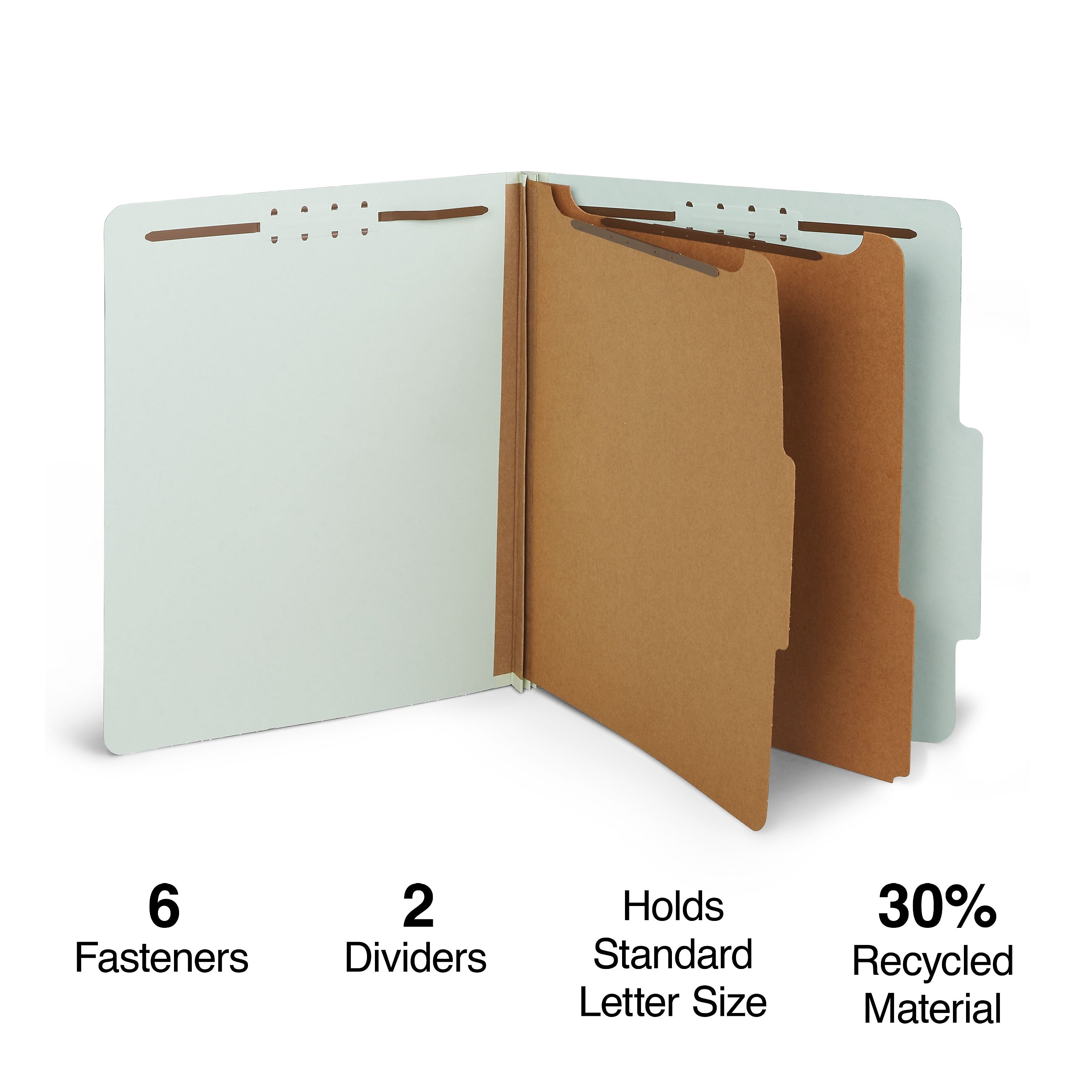 Staples® 60% Recycled Pressboard Classification Folder, 2-Dividers, 2.5" Expansion, Letter Size, Light Gray/Green, 10/Box