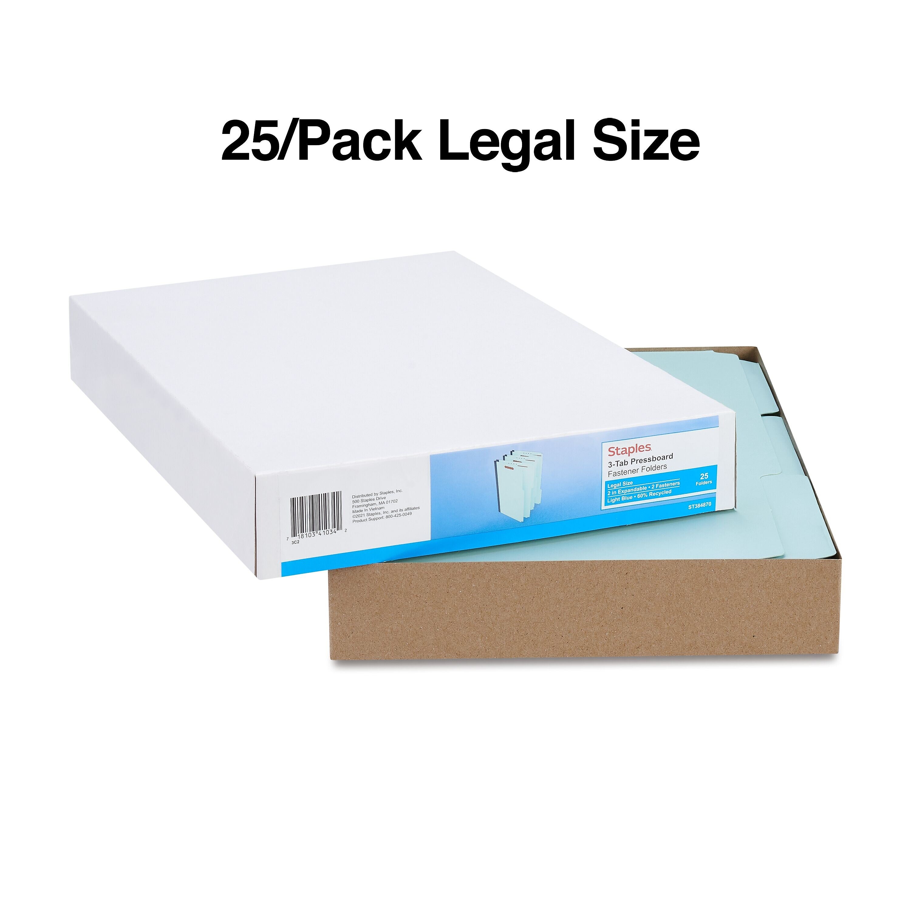 Staples® 60% Recycled Pressboard Classification Folder, 2" Expansion, Legal Size, Light Blue, 25/Box