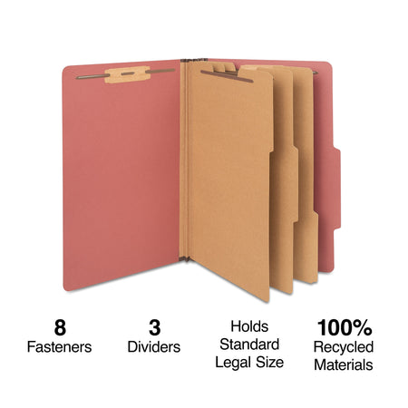 Staples 60% Recycled Pressboard Classification Folder, 3-Dividers, 3.5" Expansion, Legal Size, Brick Red, 20/Box