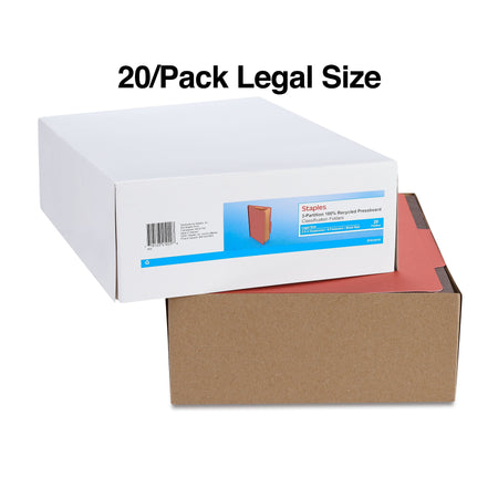 Staples 60% Recycled Pressboard Classification Folder, 3-Dividers, 3.5" Expansion, Legal Size, Brick Red, 20/Box