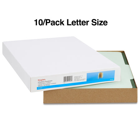 Staples® 60% Recycled Top Tab Pressboard Classification Folders, 2/5 Cut Tab, 2 Partitions, 10/Box