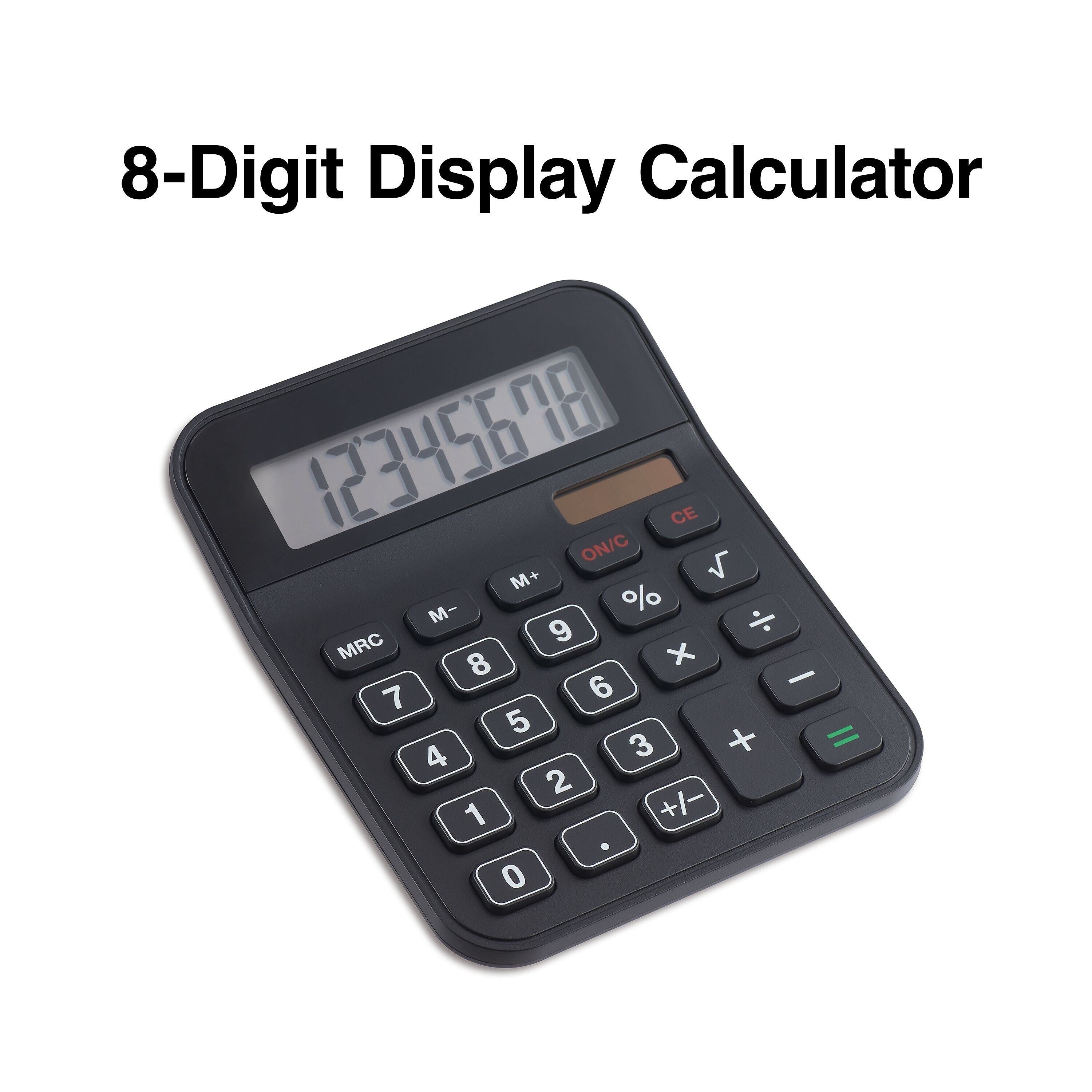 Staples 8-Digit Solar and Battery Basic Calculator, Black