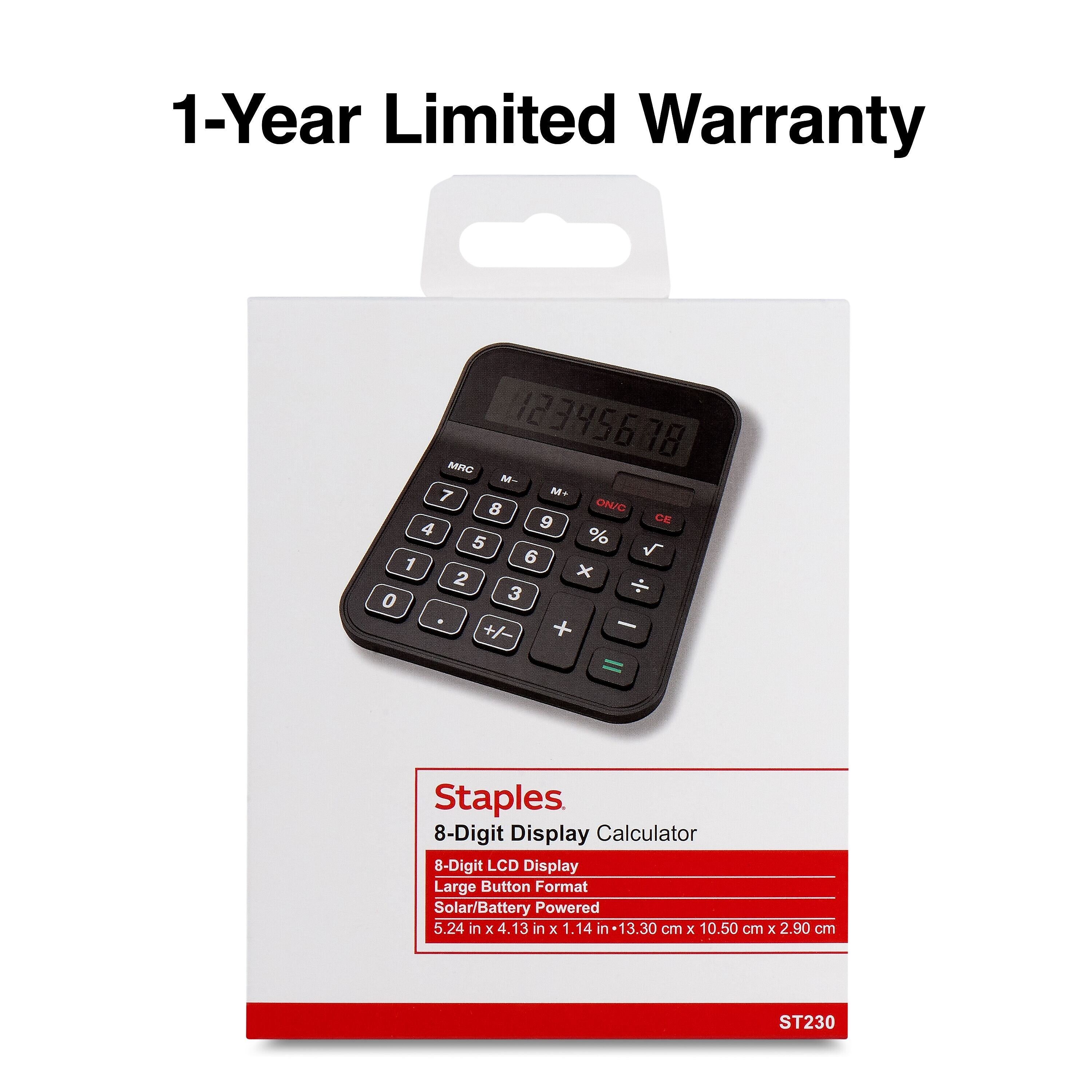 Staples 8-Digit Solar and Battery Basic Calculator, Black