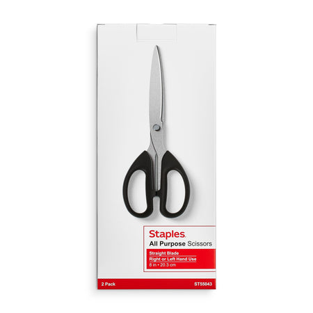 Staples 8" Pointed Tip Stainless Steel Scissors, Straight Handle, Right & Left Handed, 2/Pack