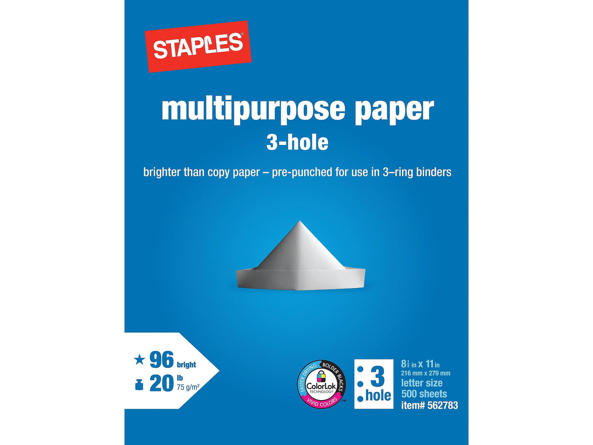 Staples 8.5" x 11" 3-Hole Punch Multipurpose Paper, 20 lbs., 96 Brightness, 500/Ream