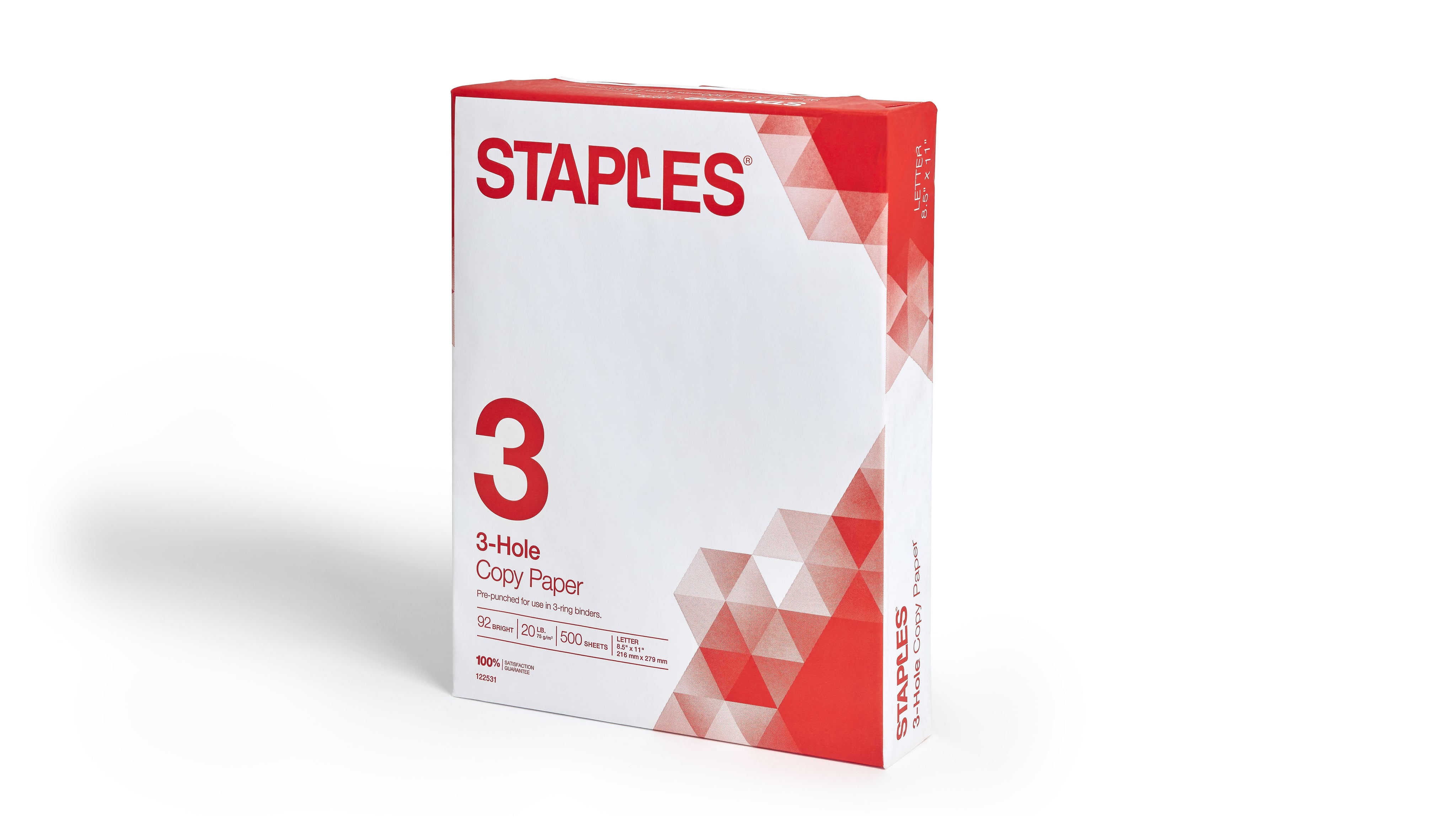 Staples 8.5" x 11" 3-Hole Punched Copy Paper, 20 lbs., 92 Brightness, 500/Ream