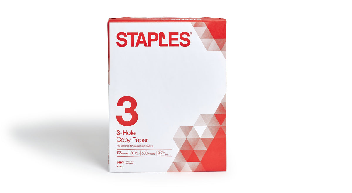 Staples 8.5" x 11" 3-Hole Punched Copy Paper, 20 lbs., 92 Brightness, 500/Ream