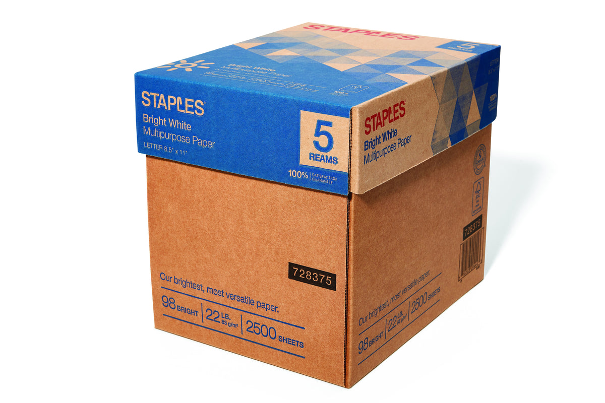 Staples 8.5" x 11" Multipurpose Paper, 22 lbs., 98 Brightness, 2500/Carton