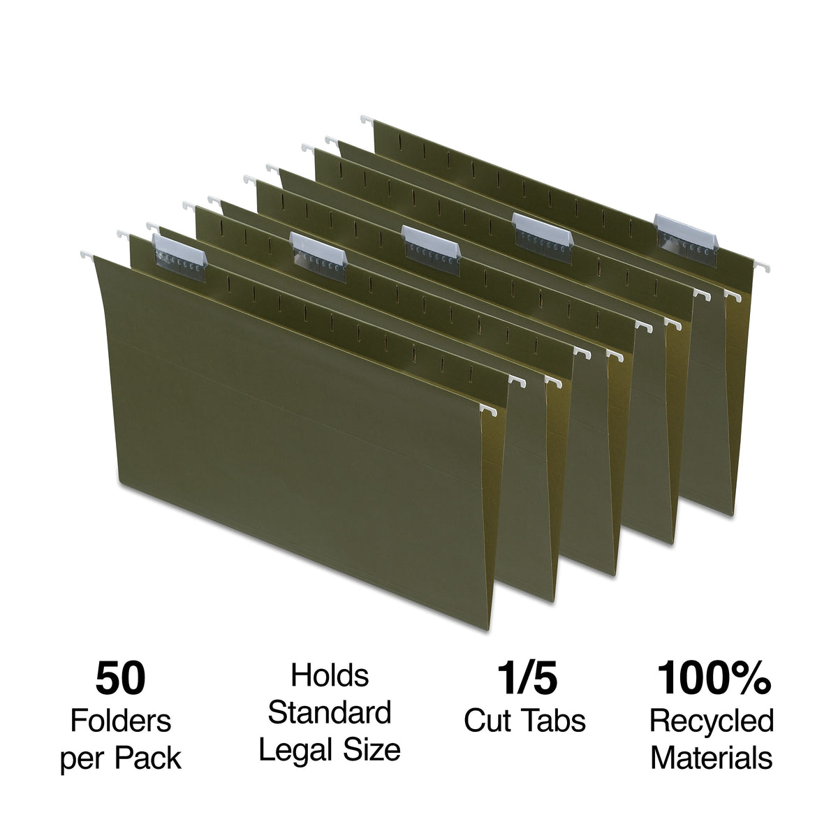 Staples 95% Recycled Hanging File Folder, 1/5-Cut Tab, Legal Size, Standard Green, 50/Box