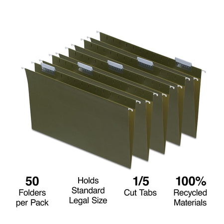 Staples 95% Recycled Hanging File Folder, 1/5-Cut Tab, Legal Size, Standard Green, 50/Box